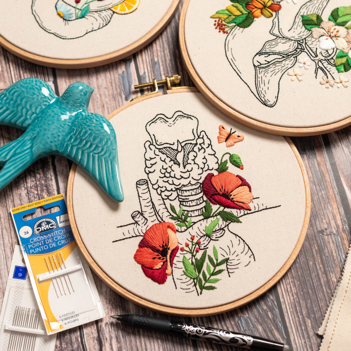 Delicate Thyroid & Poppy Flowers – Anatomical Embroidery Pattern PDF
