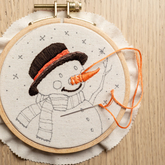 May include: A close-up of a partially completed embroidery hoop with a snowman design. The snowman is wearing a black hat with an orange scarf and has a carrot nose. The embroidery floss is orange.