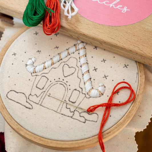 May include: A close-up of a white and brown gingerbread house embroidery hoop with a red embroidery floss. The hoop is on a white fabric background. The embroidery design includes a candy cane and a heart.