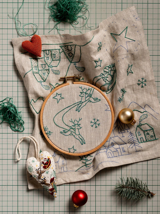 May include: A Christmas-themed embroidery hoop with a reindeer design, surrounded by other festive elements. A red heart, a Santa Claus ornament, and a red ornament are also present. The embroidery is on a beige fabric.