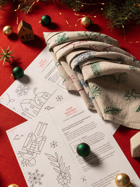 May include: A folded beige linen fabric with embroidered green, red, and blue Christmas designs, alongside printed patterns and Christmas ornaments on a red surface. The patterns include snowflakes and houses.