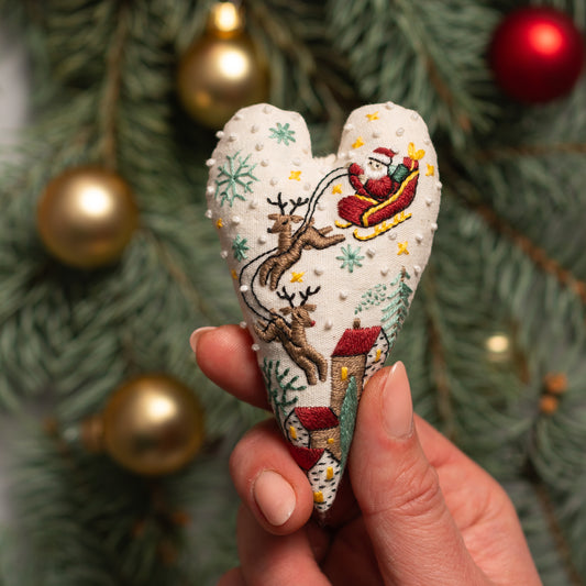 Santa’s Sleigh Christmas Heart Ornament Embroidery Pattern PDF