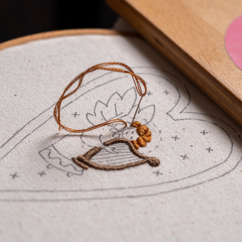 Detail of The Angel’s Song hand embroidery design in the process