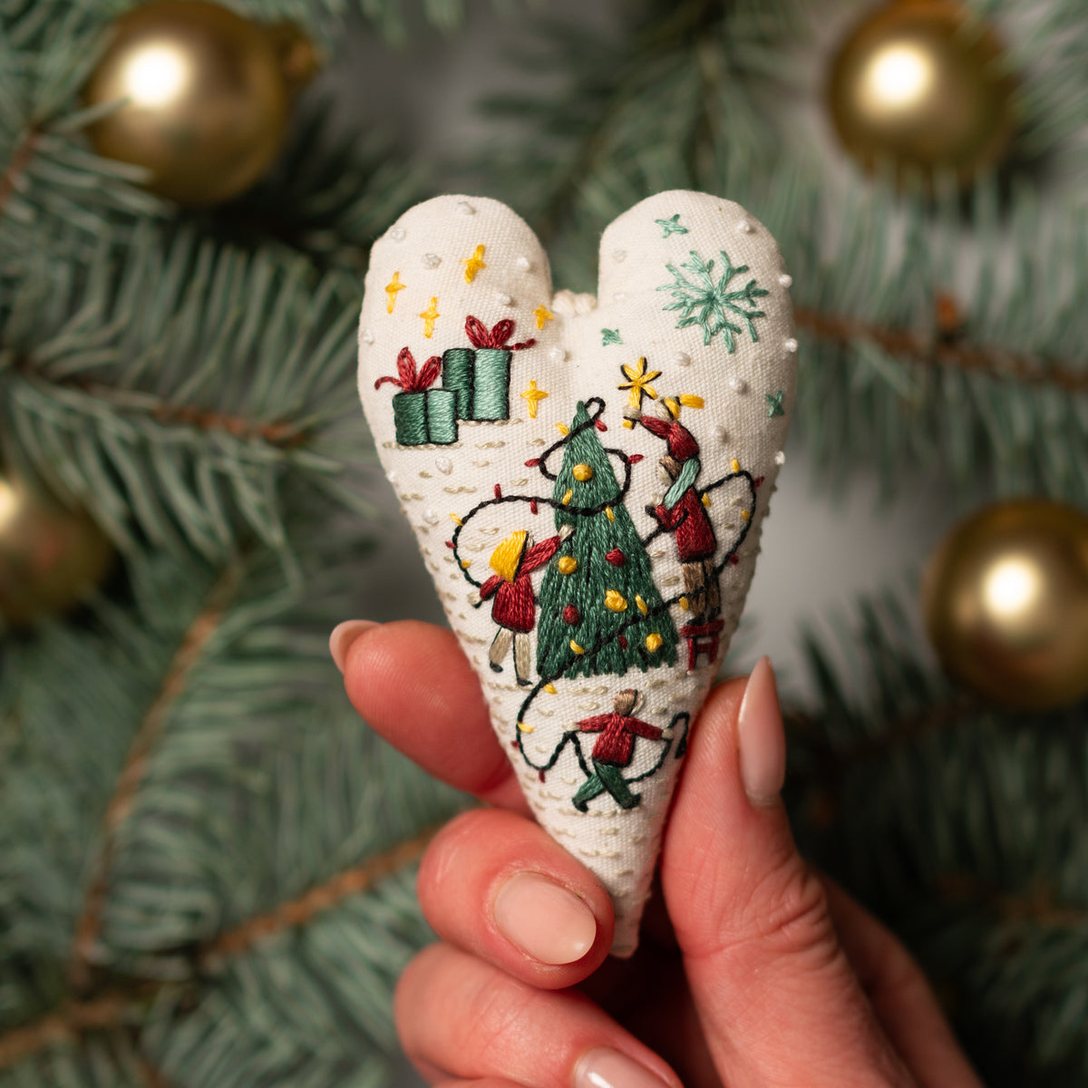 Decorating the Christmas Tree Heart Ornament Embroidery Pattern PDF