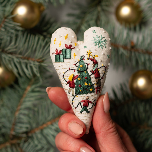 Decorating the Christmas Tree Heart Ornament Embroidery Pattern PDF