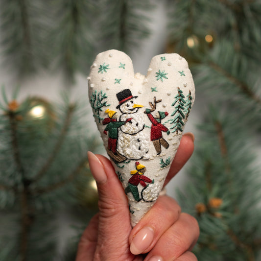 First Snow Joy Snowman Christmas Heart Ornament Embroidery Pattern PDF