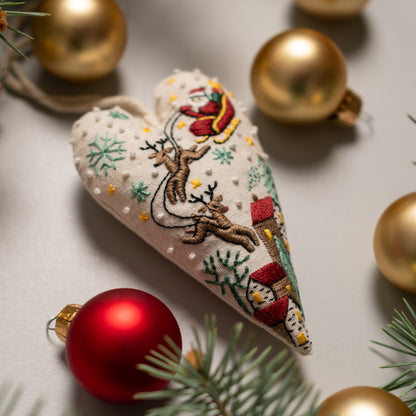 Santa’s Sleigh Christmas Heart Ornament Embroidery Pattern PDF