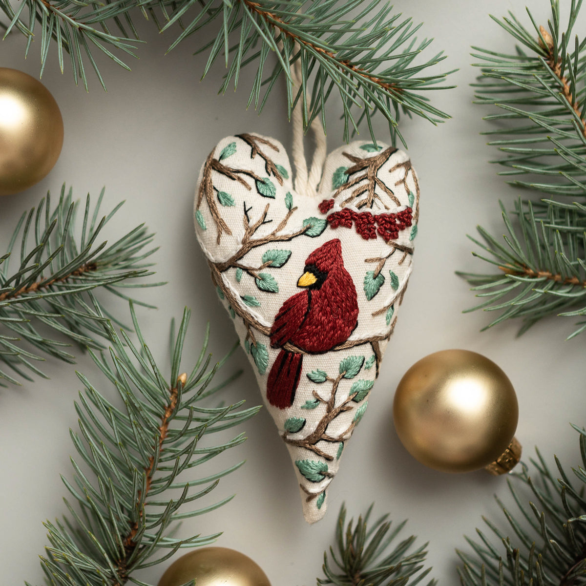 Red Cardinal Christmas Heart Ornament Embroidery Pattern PDF