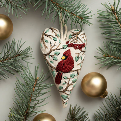 Red Cardinal Christmas Heart Ornament Embroidery Pattern PDF