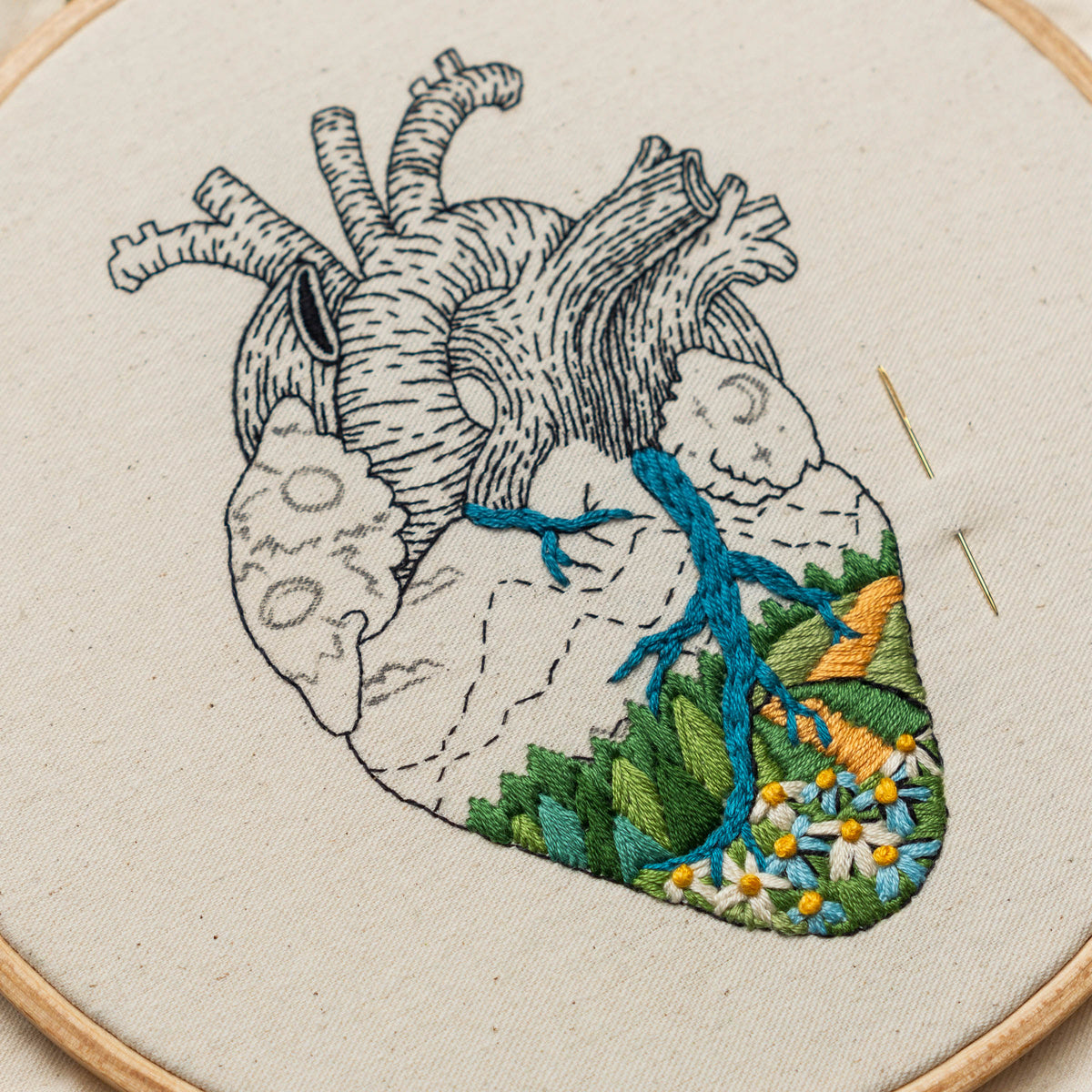 Anatomical Heart & Mountain Landscape – Embroidery Pattern PDF
