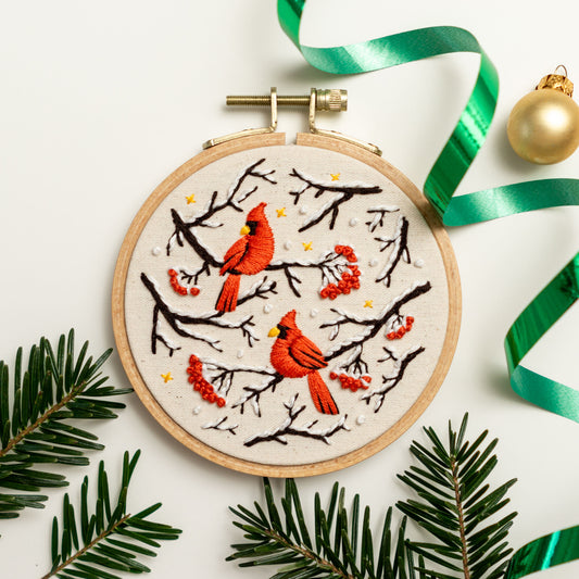 Christmas Cardinals Embroidery Pattern PDF – Mini Hoop Ornament