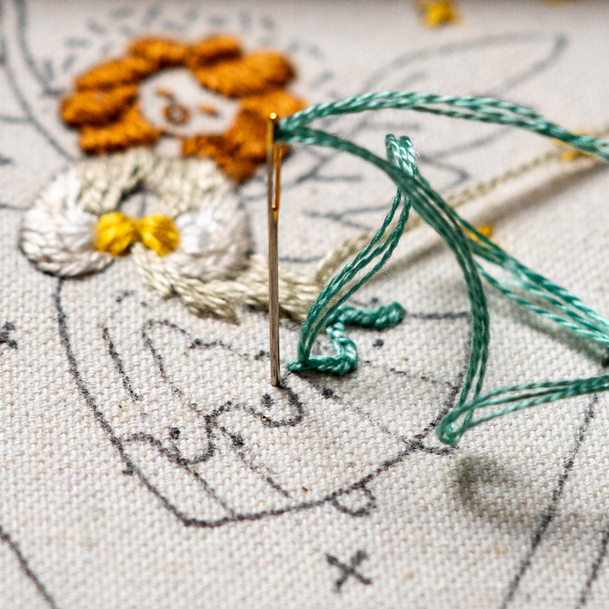 Close-up of a needle and turquoise embroidery thread stitching the angel's dress on a linen Christmas ornament pattern.