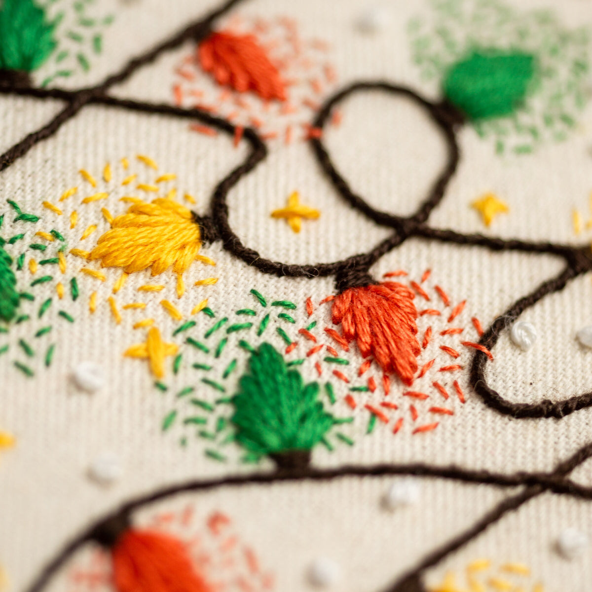 May include: Close-up of a hand-stitched embroidery design featuring a variety of trees with green, yellow, and orange leaves. The trees are stitched on a white fabric background.