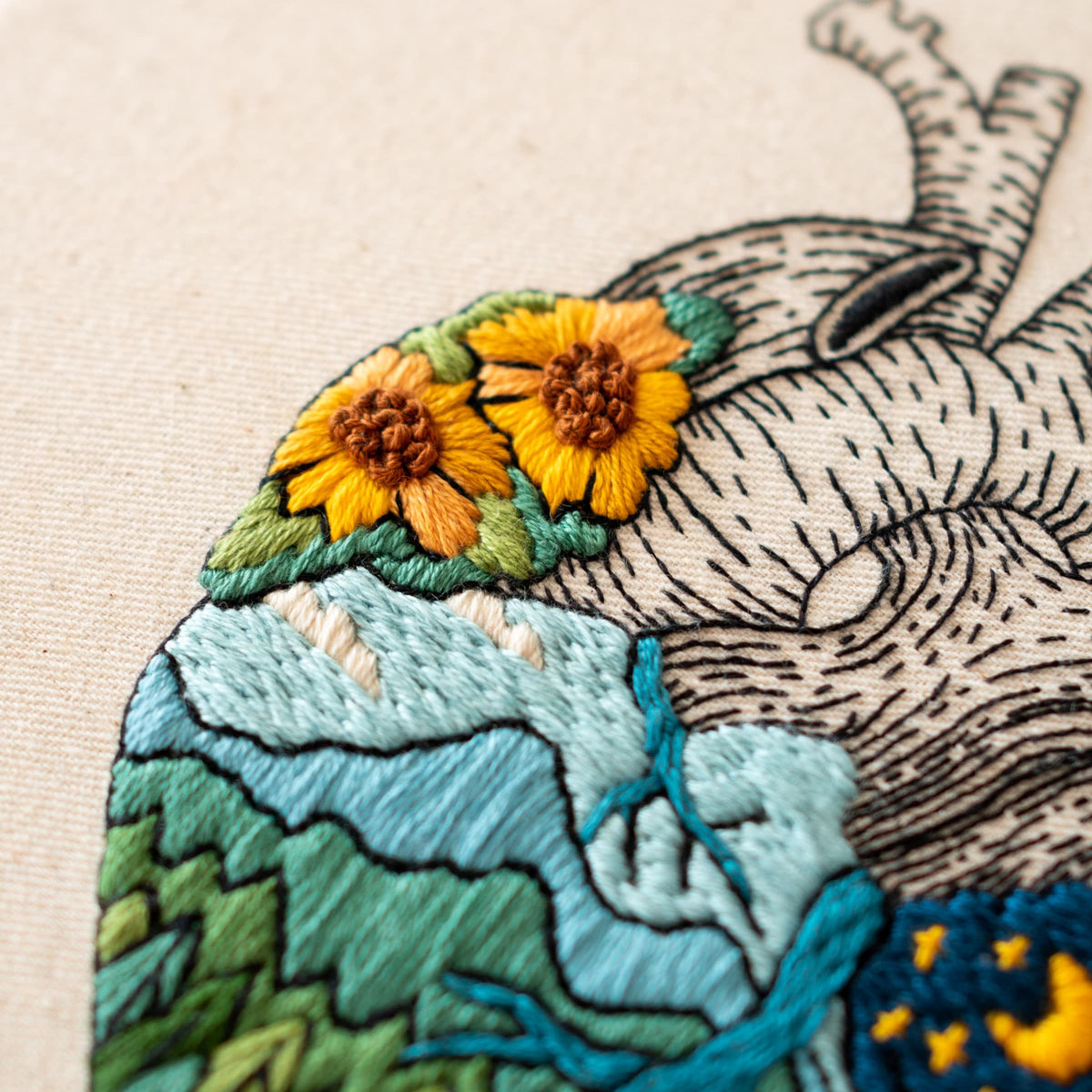 May include: Embroidered heart with a detailed anatomical design, featuring a blue and green landscape with a cluster of yellow and orange sunflowers at the top.