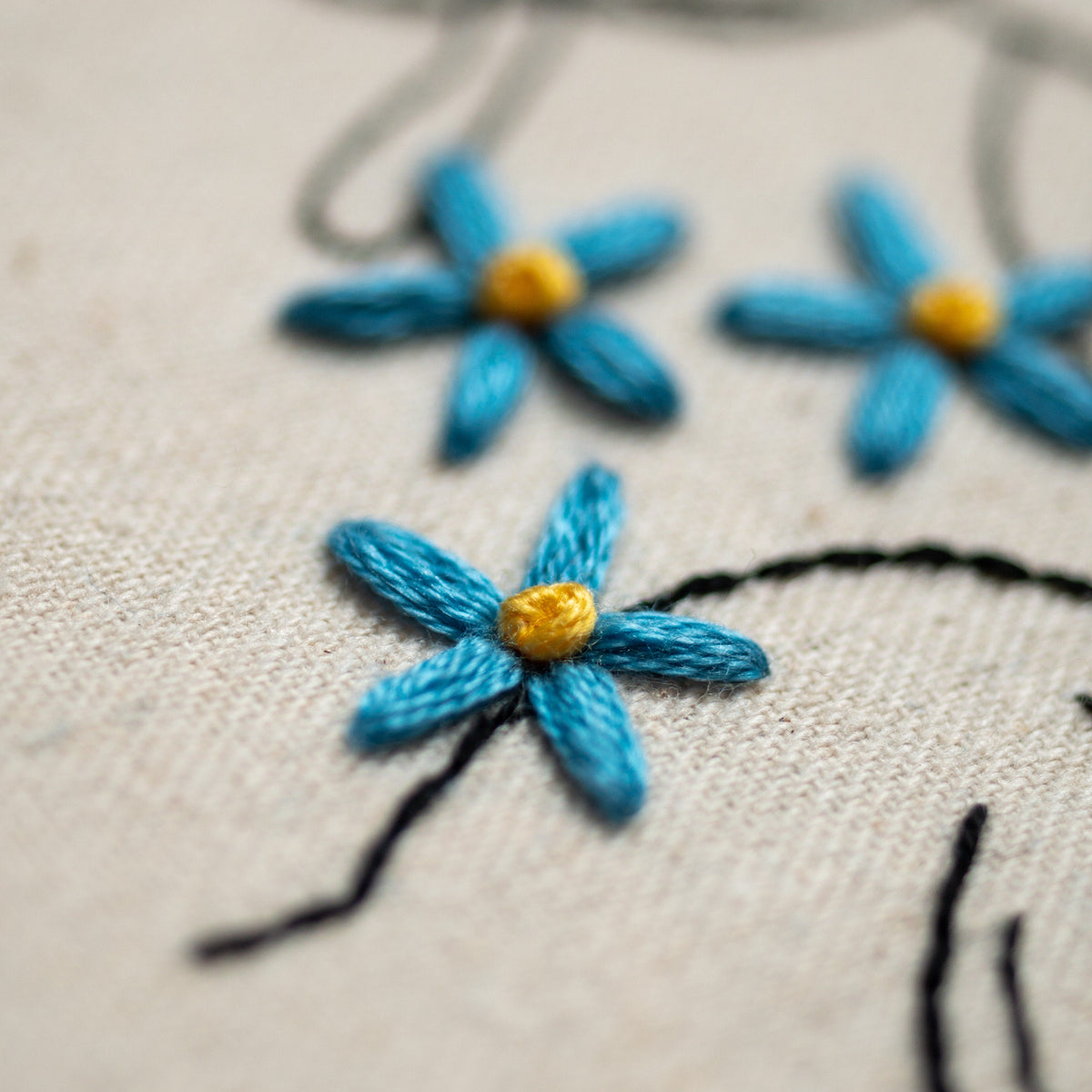 May include: Close-up of blue embroidered flowers with yellow centers on a white fabric background.