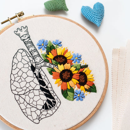 May include: Embroidered hoop art featuring a detailed anatomical illustration of a lung with a cluster of colorful sunflowers, blue and yellow wildflowers, and green leaves.