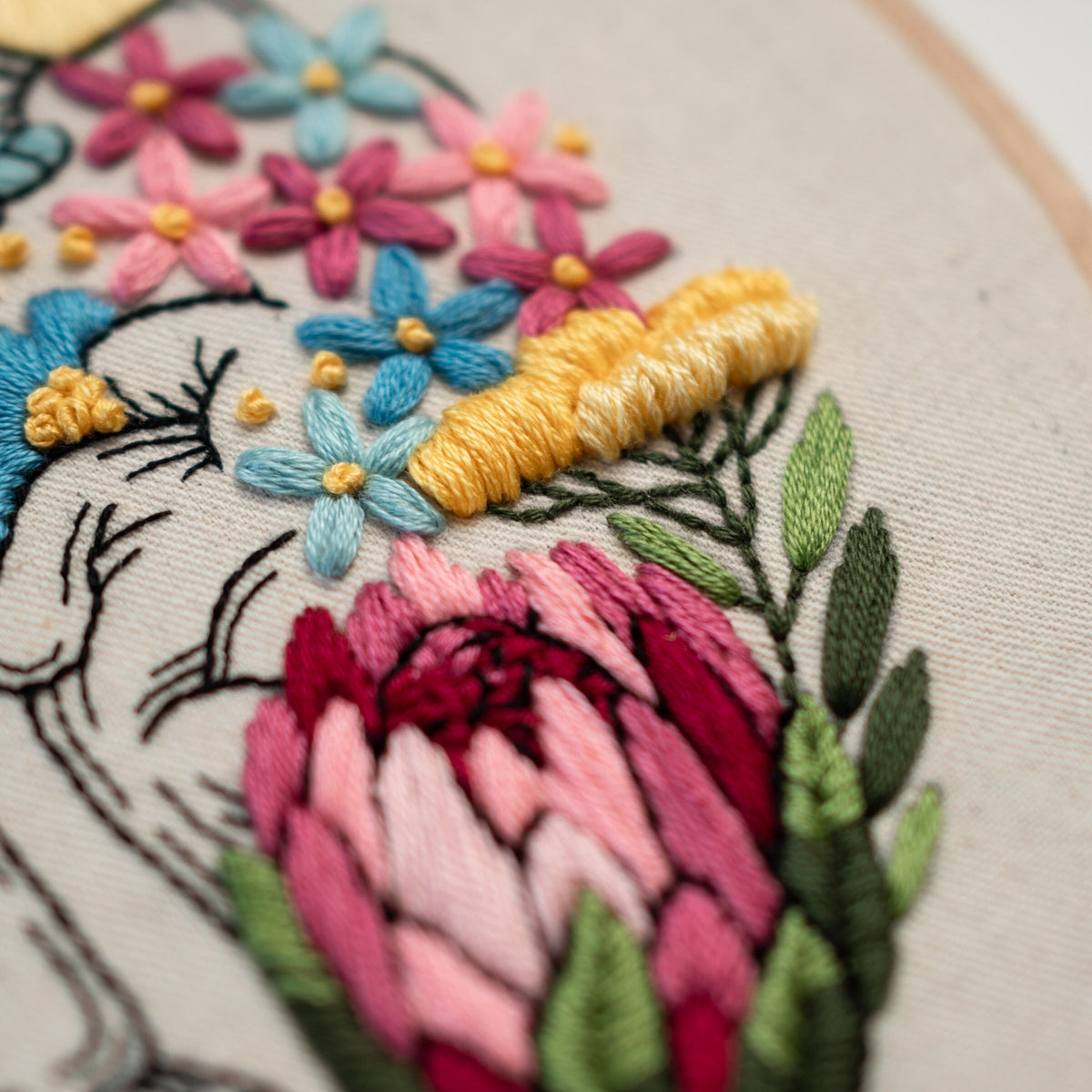 May include: Close-up of a colorful embroidered design featuring a pink and red protea flower, yellow and blue flowers, and green leaves.