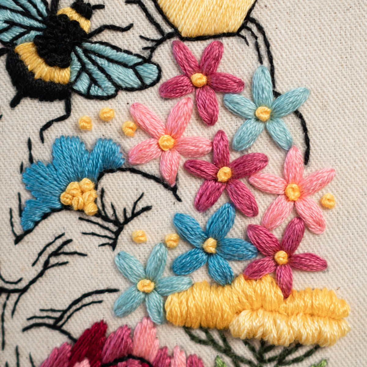 May include: Embroidered design featuring a bee, flowers, and leaves on a white fabric background. The flowers are in shades of pink, blue, and yellow. The bee is black and yellow with blue wings.