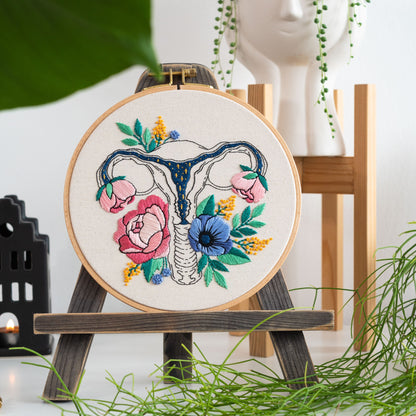 May include: A circular embroidery hoop with a white background and a black line drawing of a uterus with flowers surrounding it. The flowers are pink, blue, and yellow.
