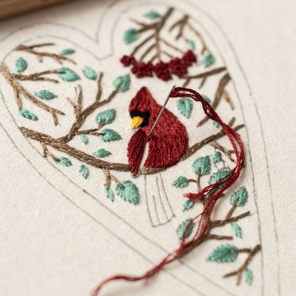 May include: Close-up of a red cardinal embroidered on a white fabric heart. The cardinal is perched on a brown branch with green leaves. The embroidery is unfinished, with red thread trailing from the needle.