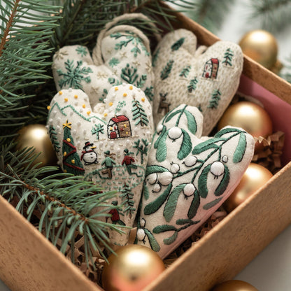 May include: A set of five handmade heart-shaped ornaments with embroidered Christmas designs. The ornaments are in a wooden box with gold and white decorative paper and gold ornaments.