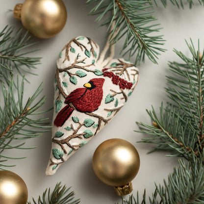 May include: A white heart-shaped ornament with a red cardinal embroidered on a branch with green leaves. The ornament is surrounded by pine branches and gold ornaments.