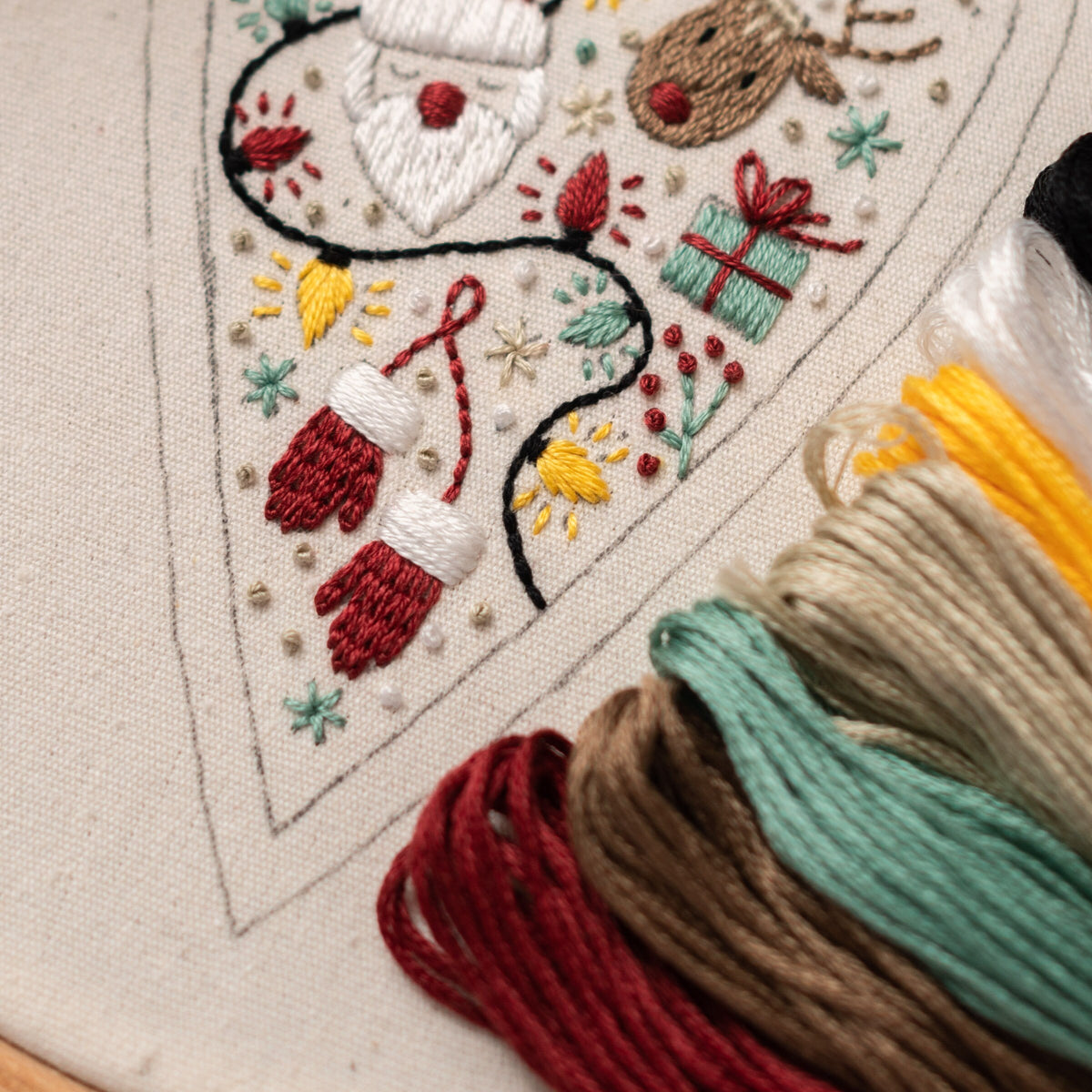 May include: Close-up of a partially completed embroidery project featuring a Christmas theme. The design includes a Santa Claus, a reindeer, a gift box, and mittens. The embroidery is done on a white canvas with red, green, white, and yellow thread.