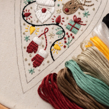 May include: Close-up of a partially completed embroidery project featuring a Christmas theme. The design includes a Santa Claus, a reindeer, a gift box, and mittens. The embroidery is done on a white canvas with red, green, white, and yellow thread.