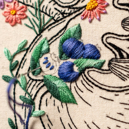 May include: Close-up of a hand-stitched embroidery design featuring a cluster of blue berries with green leaves on a white fabric background.