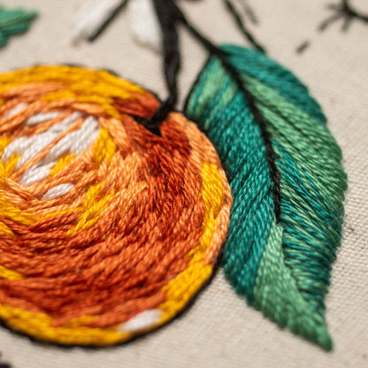 May include: Close-up of an embroidered design featuring a vibrant orange fruit with yellow and white accents, a green leaf, and a black stem. The embroidery is on a beige fabric, showcasing detailed thread work.