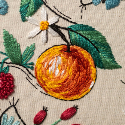 May include: Close-up of an embroidered design featuring a vibrant orange fruit with yellow and red hues, green leaves, and white flowers. The embroidery is on a beige fabric, showcasing a detailed, handmade craft.