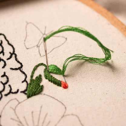 May include: Close-up of a needle and thread being used to embroider a green leaf and a red flower on a white fabric. The fabric has a black outline of a butterfly and a flower.