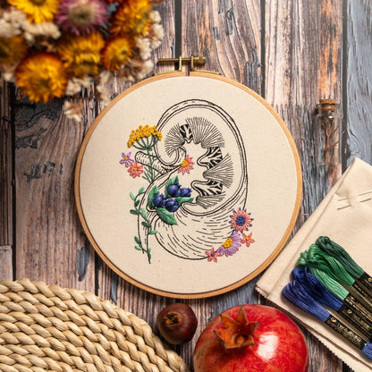 May include: Embroidered hoop art featuring a detailed anatomical illustration of a kidney with delicate floral accents in shades of pink, yellow, and blue. The hoop is made of wood and has a natural linen fabric.