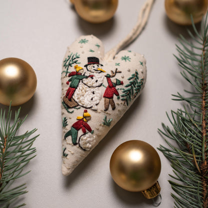 May include: A white heart-shaped ornament with embroidered details of children playing in the snow with a snowman. The ornament is decorated with white beads and has a gold string for hanging.