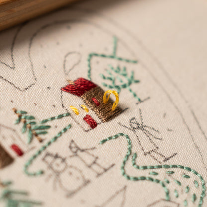 May include: Close-up of a hand-stitched embroidery design on a cream-colored fabric. The design features a small brown house with a red roof and a yellow door, surrounded by green trees and a winding path.
