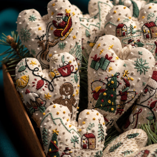 May include: A collection of handmade, white fabric heart ornaments with various embroidered Christmas scenes. The ornaments feature designs like a gingerbread man, a Christmas tree, and a Santa Claus in a sleigh.