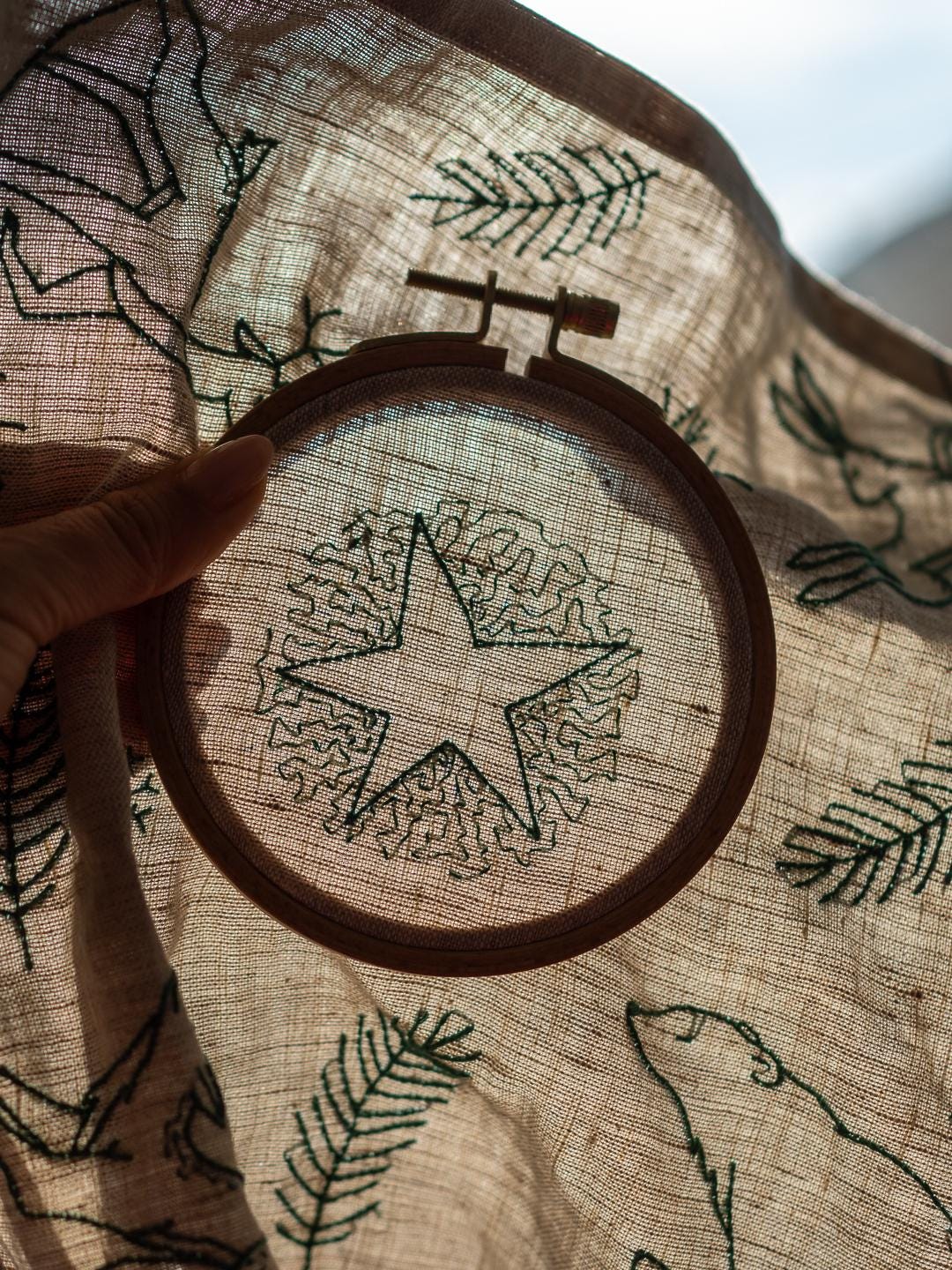 May include: A wooden embroidery hoop holding a piece of tan fabric with a green star design. The fabric also features embroidered green pine branches and a bear. The hoop is held by a hand.
