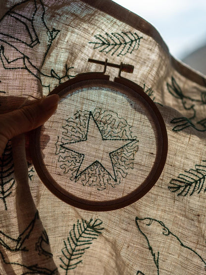 May include: A wooden embroidery hoop holding a piece of tan fabric with a green star design. The fabric also features embroidered green pine branches and a bear. The hoop is held by a hand.