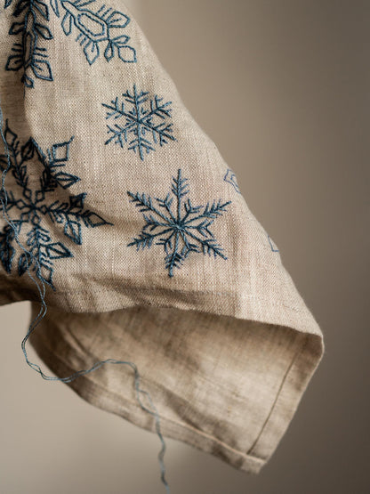 May include: Close-up of a beige fabric sleeve with embroidered blue snowflakes. The snowflakes vary in size and design, with intricate details. The fabric has a natural, textured appearance, and loose threads are visible.