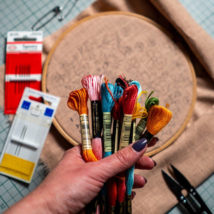 May include: A collection of multi-colored embroidery floss skeins in shades of orange, pink, blue, red, yellow, and green, held together. In the background, a wooden embroidery hoop with fabric, two needle packets, and black metal scissors.